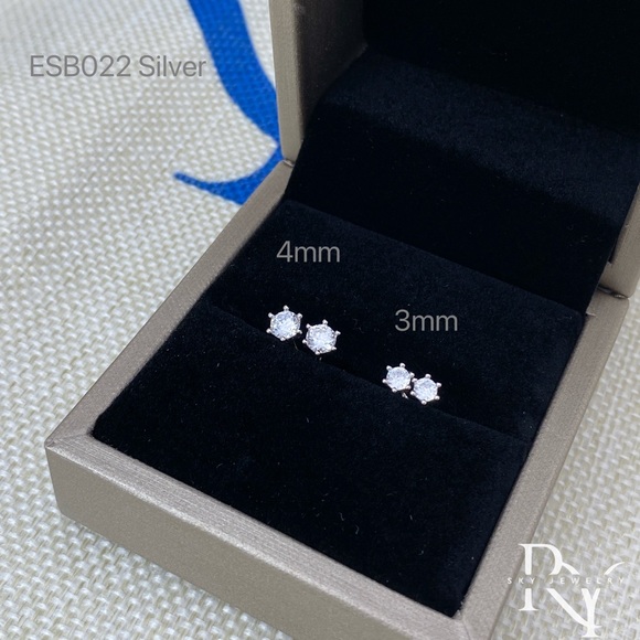 Solid Silver 6 prongs CZ Diamond Stud Screw bakcks Earrings-ESB022 Silver 3mm - Picture 7 of 10
